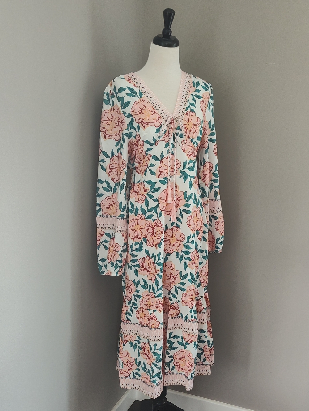 Beautiful Floral Peach Teal Maxi Dress with Gathered Waistband And Tie Accents